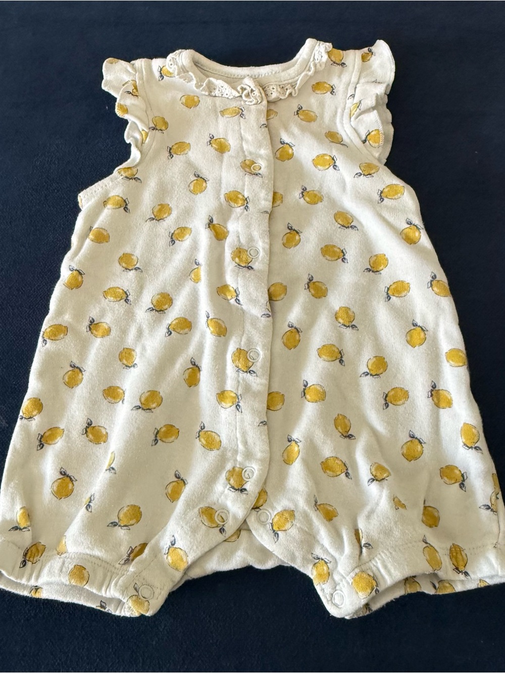 Little Me White Romper Yellow Lemon Print Ruffles 100% Cotton